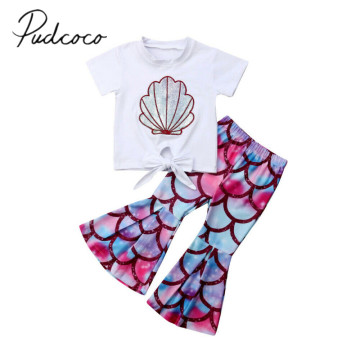 2019 Children Summer Clothing Toddler Kids Baby Girl Shell Print Knot Tops T-Shirt Scales Flared Pants 2PCS Outfits Sunsuit 0-5T