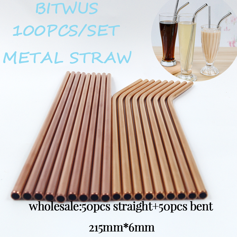 Eco Friendly Straws 100Pcs/Set Metal Straw Reusable Wholesale Stainless Steel Drinking Tubes 215mm*6mm Straight Bent Straws