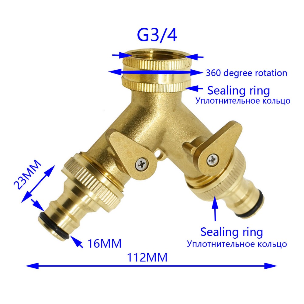 Brass garden tap Irrigation 2 way tap Irrigation valve Hose Pipe Splitter 2 Way Quick connector adapter Female thread G3/4 1pcs