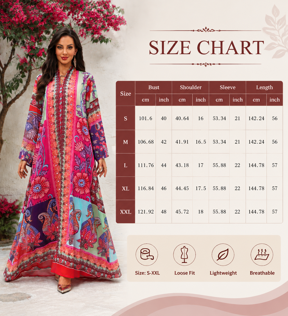 Floral Print V Neck Maxi Abaya Dress