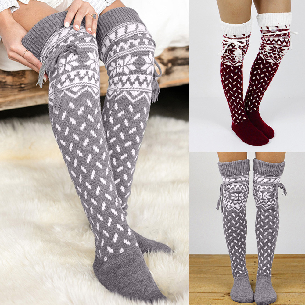 Knitted Snowflake Elk Strap Over Knit Wool Mid-Tights Women Christmas Warm Thigh High Long Stockings Knit Over Knee Socks Xmas