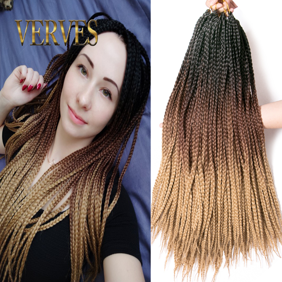 VERVES Crochet braids box braid 24 inch 22 Roots/pack Ombre Synthetic Braiding Hair extension heat resistant Fiber,grey,brown
