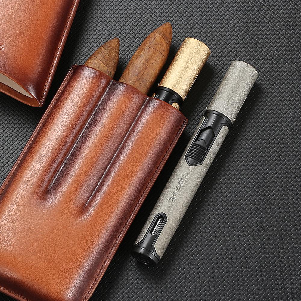 LUBINSKI Metal Butane Gas Cigar Lighter Mini Windproof 1 Jet Flame Torch Cigarette Lighters Cigar Accessories Gift Box Packaging