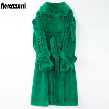 Nerazzurri Long warm fluffy faux fur trench coat for women 2020 Double breasted pink white green plus size winter fashion belt