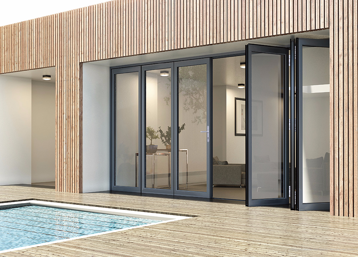 Interior view of XLB-80 bi-folding door showing concealed hardware and elegant design