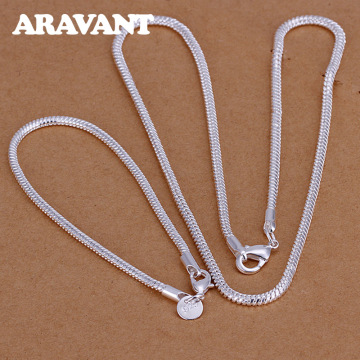 925 Silver Simple 3mm Snake Chains Necklaces Bracelets Jewelry Set For Women