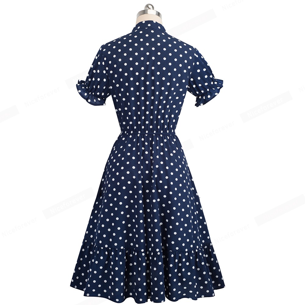 Nice-forever Elegant Vintage Polka Dots Pinup Flroal Dresses Casual Female Flare A-Line Swing Women Dress A130