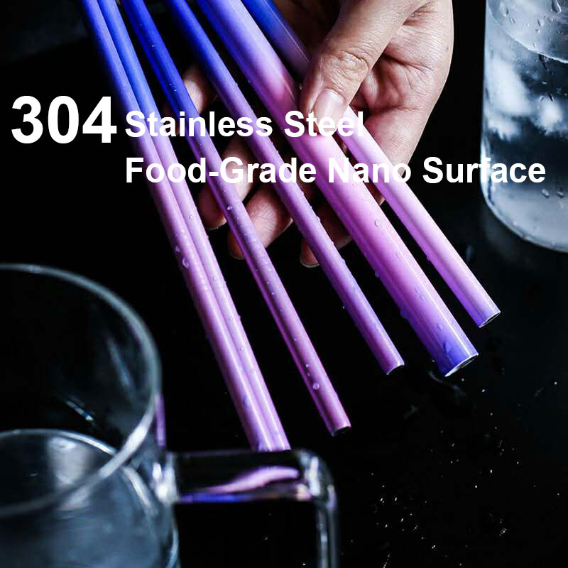 Reusable Metal Drinking Straws 304 Stainless Steel Temperature-Sensitive Colorful Straw with Cleaning Brush Bar Party Accessory