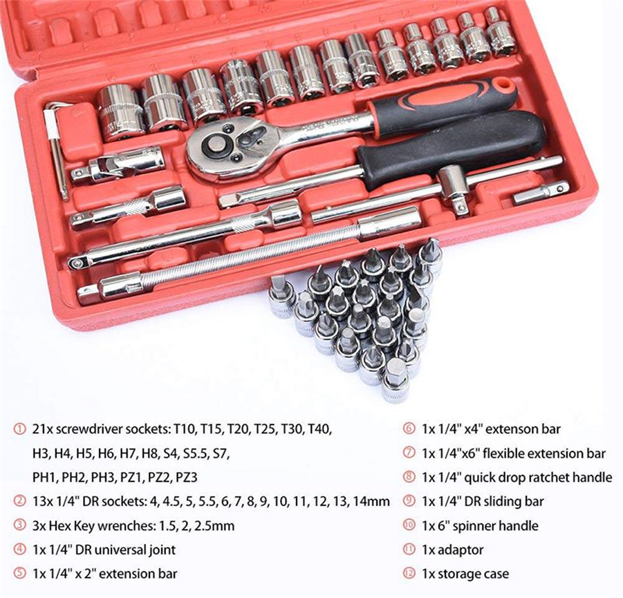 1/4 small fly 46 piece set small fast ratchet sleeve 6.3mm auto repair sleeve auto maintenance tool set hardware