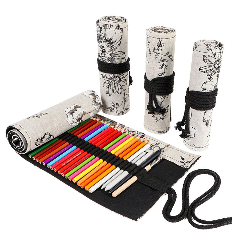 Peony 12/24/36/48/72 Holes Canvas Roll Pen Curtain Pencil Bag Case Makeup Wrap