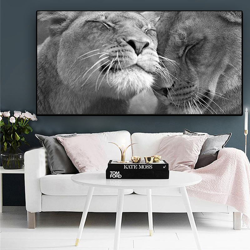 Black and white closed eyes lion two prairie animals Oil Painting Canvas Posters Prints Cuadros Wall Art Picture For Living Room