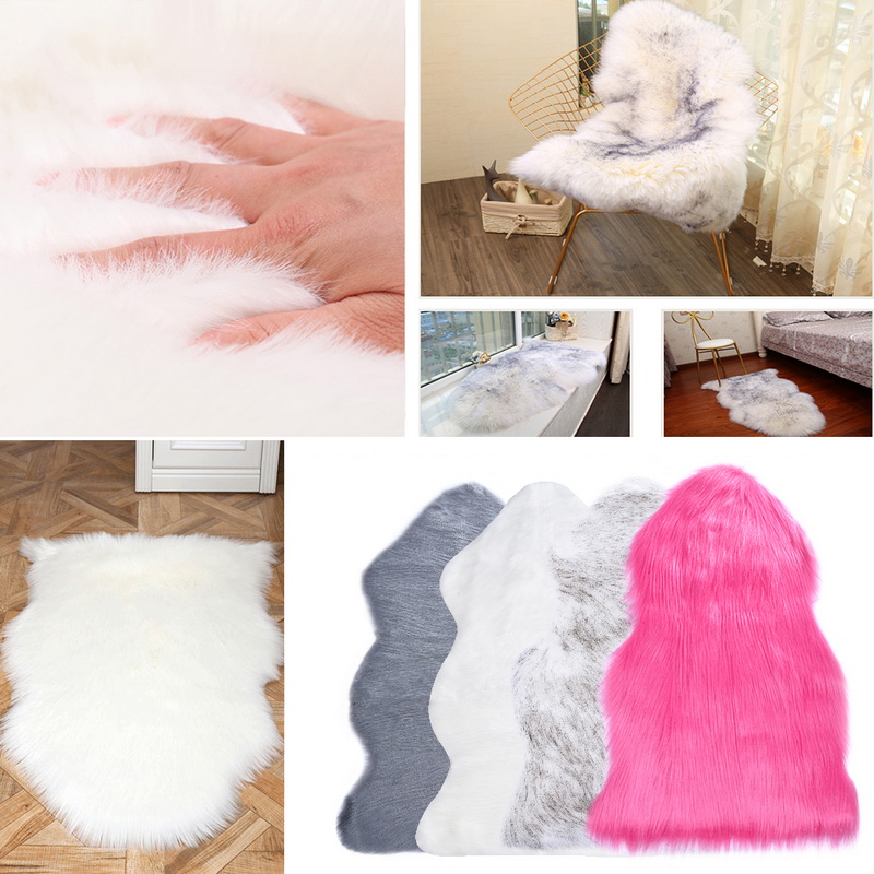 Soft Chair Cover Plain Skin Fur Soft Sheepskin Warm Hairy Carpet Seat Pad Plain Fluffy Rugs Washable Bedroom Faux Mat Home