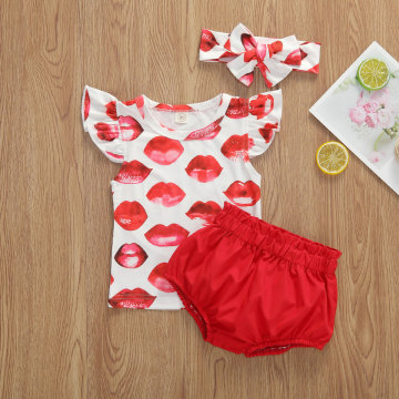 2020 Baby Summer Clothing Infant Newborn Baby Girls 3Pcs Set Outfits Lips Print Tops Shirt PP Shorts Bottoms Headband