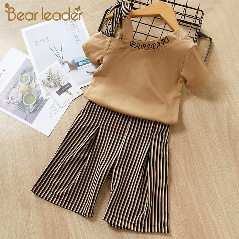 Bear Leader Girls Clothing Sets Girl Clothes Fashionable Trendy Short Sleeve Top + Striped Wide Leg Pants Kids Children Clothing