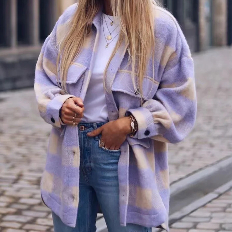 2020 Women Spring Fashion Warm Cotton Long Za Jacket Female Casual purple Plaid Long Outwear Chic Lady Single Breasted Shirts