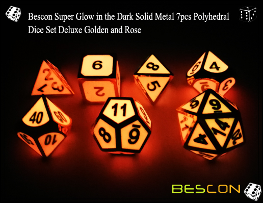 Bescon Super Glow in the Dark Solid Metal 7pcs Polyhedral Dice Set Deluxe Golden and Rose-7