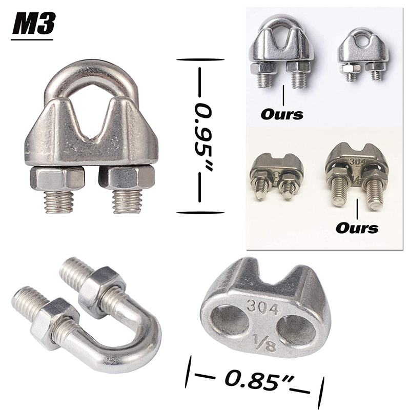 HHO-304 Stainless Steel Turnbuckle M6 Wire Rope Tension Tensioner Strainer and M3 Wire Rope Clips, 1/8 Inch Cable Railing Kit fo