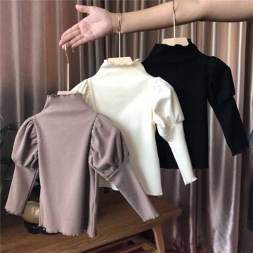 Height 86-135CM 2020 Girls High-Neck Bottoming T-Shirt Children's Bubble Sleeve Casual Korean Trend Clothing