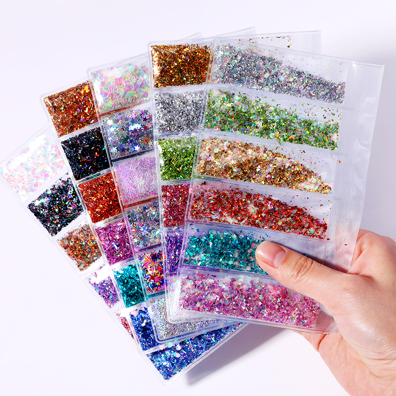 6 grid/bag Mixed Nail Glitter Powder Sequins Colorful Nail Flakes Sticker 3D DIY Nail Sliders Dust For Nail Art Decorations