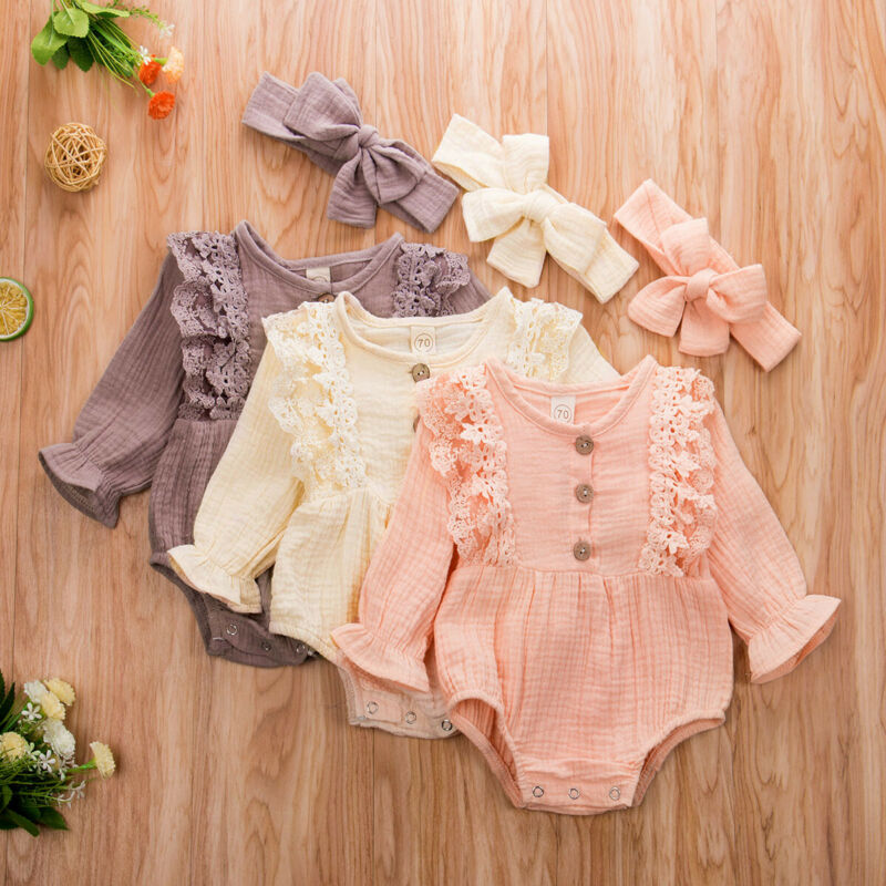 0-24M Baby Girl Clothes Bodysuit Kids Romper Girls Lace Solid Long Sleeve Jumpsuit Infant Playsuit Headband Newborn Outfits 2Pcs