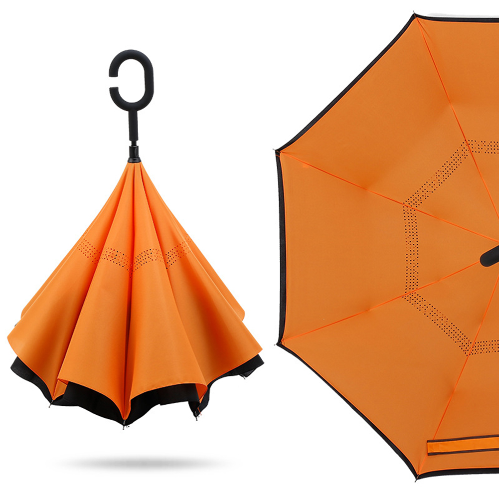 Windproof Reverse Folding Double Layer Inverted Orange Umbrella Self Stand Rain UV Protection C-Hook Handle For Car And Outdoor