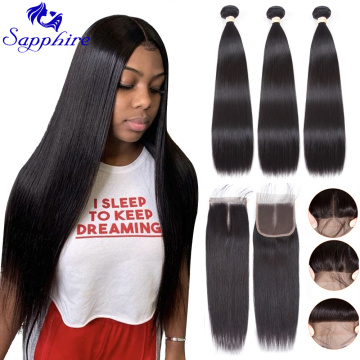 Sapphire Bone Straight Bundles With Closure Brazilian Hair Weave Bundles With Closure Human Hair Bundles With Closure Remy Hair