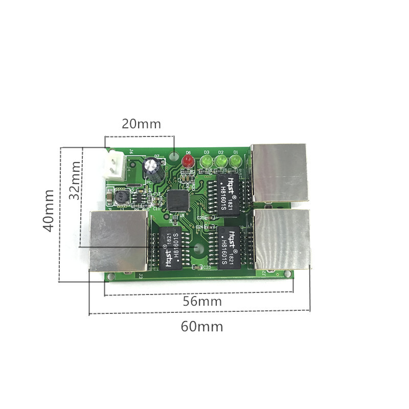 OEM factory direct mini fast 10 / 100mbps 3-port Ethernet network lan hub switch board two-layer pcb 5V 12V head port