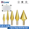 XCAN 5pcs HSS Titanuim Straight Flute Step Drill Bit Set Pagoda Shape Hole Cutter in Aluminum Case Core Drill Bit