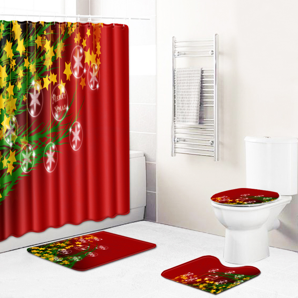 Zeegle Shower Curtain 4pcs Christmas Bath Curtain Bathroom Carpet Set Anti-slip Toilet Rug Shower Mat Absorbent Bathroom Rug Set