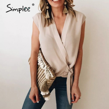 Simplee Sexy solid deep V woven women blouse shirt summer short bow sleeveless top blouse summer casual office Streetwear top