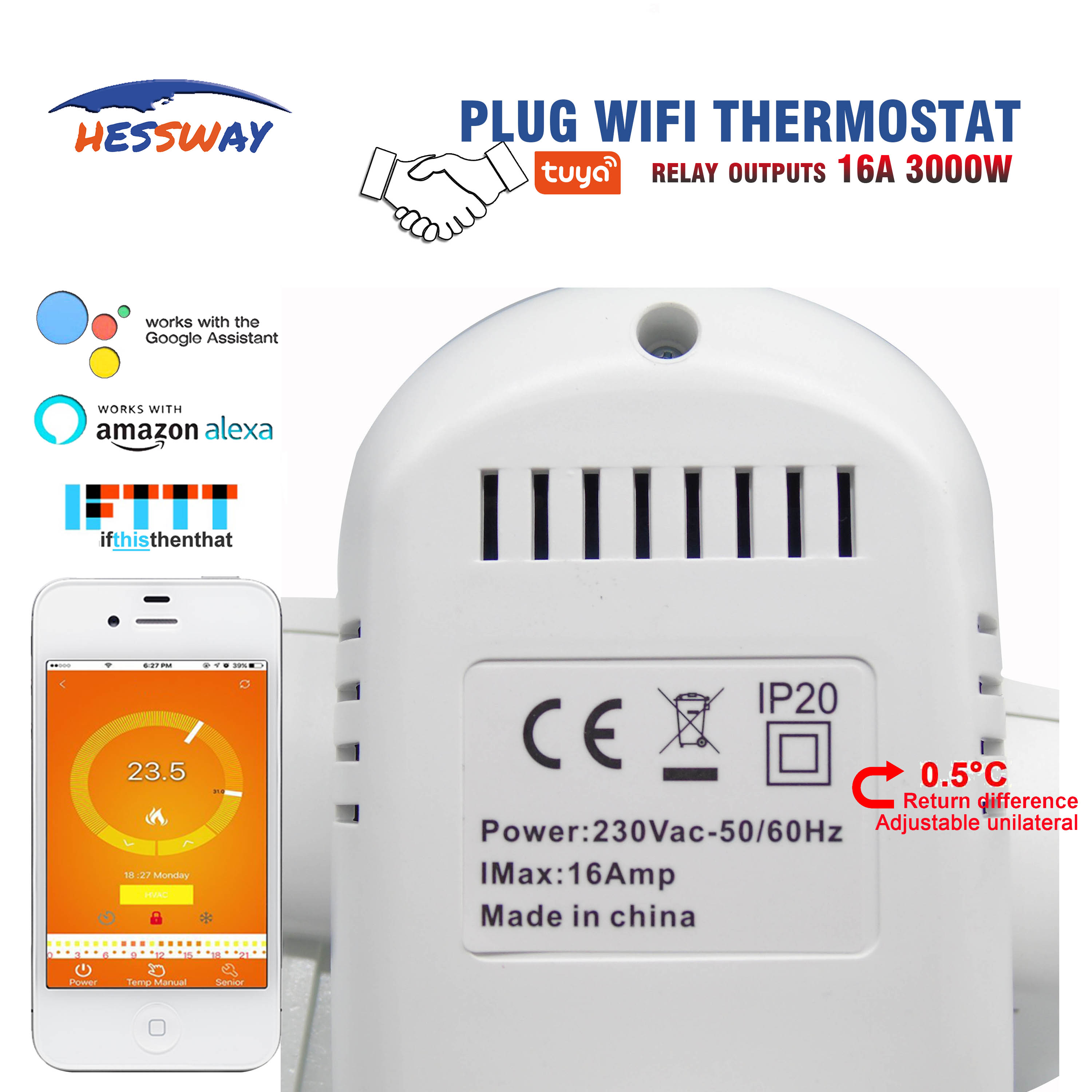 HESSWAY TUYA WIFI plug socket Smart Home HVAC Heating Thermostat for 16A infrared wire, warm floor