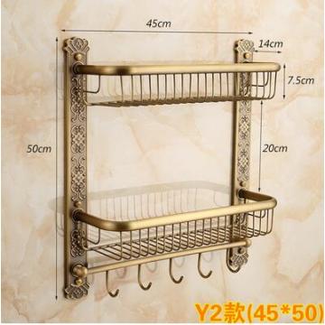 Vidric Wall Mounted Antique Brass Bathroom Shelf with towel rack and robe hooks Bath Shampoo shelf dual tiers Carved Corner shel