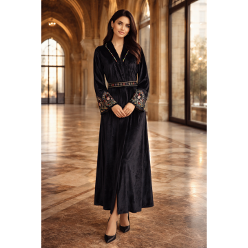 Velvet Embroidered Beaded Belted Open Abaya Elegant