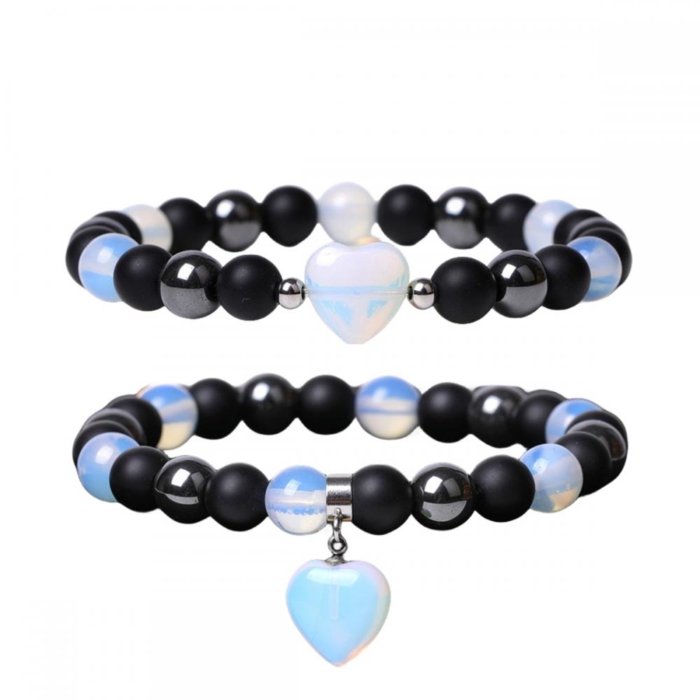 2 Pc a Set Gemstone Round Beads With Heart Charm Bracelets Black Matte Onyx Stone Stretch Bracelet Natural Stone Crystal Bangle