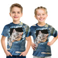 nd fashion jeans ripped colour animal cat kids t shirt summer 3D printed cute cat boy girl round-collar 4t-14t kids Tshirt