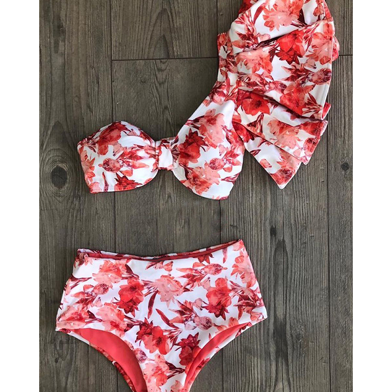 One Shoulder Bikini Set 2020 Sexy Ruffle Swimwear Women Swimsuit High Waist Bathing Suit Beachwear Red Print Biquini female