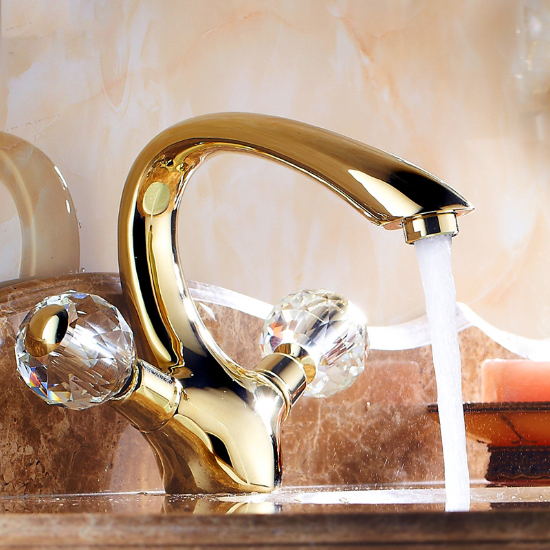 Basin Faucets Gold Brass Crystal Handle Bathroom Faucet Tap Toilet Mixer Water Tap Deck Mounted Basin Sink Crane Taps HJ-6651K