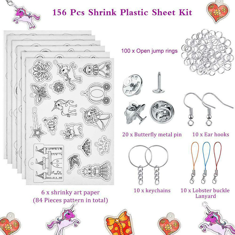 156pcs/set Heat Shrink Plastic Sheet Kit Shrinky Paper Hole Punch Keychains Keyring for Key Chains Jewelry Buttons Making