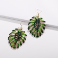 Enamel Olive Green Monstera Leaf Dangle Drop Earrings for Women Trendy Fresh Water Pearl Monstera Statement Earrings for Women