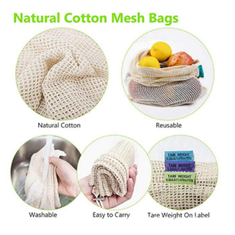 9Pcs Reusable Cotton Mesh Bag Kitchen Fruit Vegetable Produce Bags Home Storage Bags Organizer Washable Cotton Shopping Bag