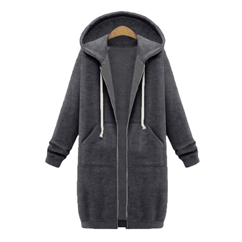 2020 Autumn Winter Casual Women Long Hoodies Sweatshirt Coat Zip Up Outerwear Hooded Jacket Plus Size Outwear Tops