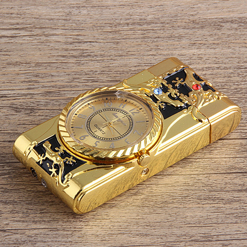 Clock Torch Turbo Lighter Butane Jet Lighter Men Gold Watch Quartz Compact Butane Cigarette Cigar Straight Fire Lighter