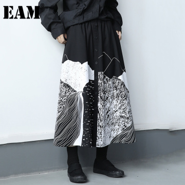 [EAM] High Elastic Waist Black Pattern Printed Temperament Half-body Skirt Women Fashion Tide New Spring Autumn 2021 1DB238