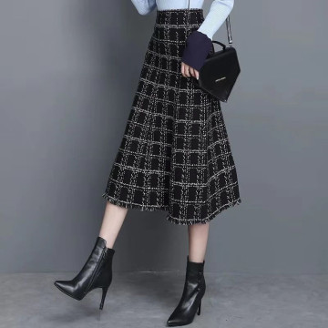 Vintage Plus Size Black Plaid Tweed Skirt Women Midi Long High Waist A-line Knitted Skirt Office Lady Slim Business Work Clothes