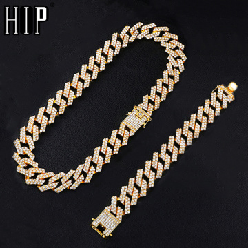 Hip Hop 1kit 20MM Gold Heavy Full Iced Out Paved Rhinestones Prong Cuban Chain CZ Bling Choker Necklaces For Men Jewelry