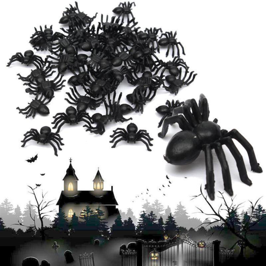 50x Plastic Black Spider Trick Toy Party Halloween Haunted House Prop Decor Toy Plush Black Multicolour Style For Party Hallowe