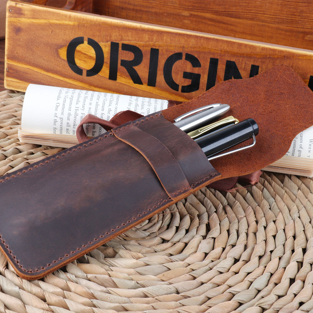 Handmade Genuine Leather Pencil Bag, Cowhide Fountain Pen Case Holder, Vintage Retro Style Accessories For Travel Journa