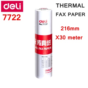 1 Roll Deli 7722 Thermal fax paper A4 216mm X 30meter Thermal fax machine paper 55g coated paper packing size 216x50mm roll