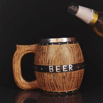 580ml Oak Barrel Style Beer Mug Simulation Wooden Barrel Beer Cup Double Wall Drinking Mug Metal Insulated as Christmas Gift