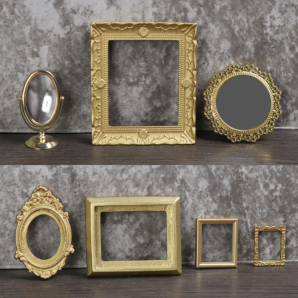 1:12 Scale Photo Frames Retro Mirror for Dollhouse Decor DIY Vintage Ornament Furniture European Style Doll House Accessories